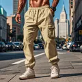 Men's lightweight cotton linen cargo pants with drawstring and multi-pockets - S / Bottoms / Khaki