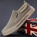 Casual men's slip-on canvas loafers in beige with breathable fabric and flat sole - 38 / Khaki Style (24810)