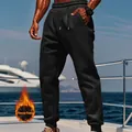 Men's casual solid black fleece-lined joggers for winter outdoor sports activities - Black