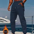 Men's navy blue fleece-lined casual sweatpants with drawstring for winter - Navy Blue