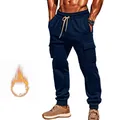 Detail view of navy blue fleece-lined cargo sweatpants for men with multiple pockets - S / Bottom (YFY-QDD-18) / Navy Blue