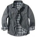 Men's rugged charcoal grey jacket featuring a warm plaid flannel lining and western style - S / Tops / Gray