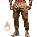 Detailed view of men's thermal fleece cargo sweatpants featuring a warmth indicator icon - Camel