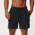 Short de sport noir en coton pour hommes avec cordon de serrage et poches cargo latérales - Noir Premium