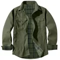 Men's olive green flannel-lined work jacket with retro Western style and chest pockets - S / Tops / Green
