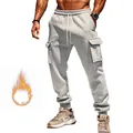 Men's grey fleece-lined cargo sweatpants with multi-pockets for winter warmth - S / Bottom (YFY-QDD-18) / Light Gray