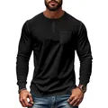 Premium men's slim-fit long-sleeve black Henley shirt with front pocket for casual wear - M / Tops / Black
