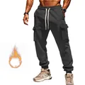 Close-up of men's heavy fleece-lined cargo joggers with drawstring waist and multi-pockets - S / Bottom (YFY-QDD-18) / Dark Gray
