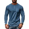 Classic men's blue slim fit long sleeve Henley T-shirt featuring a chest pocket design - M / Tops / Denim Blue