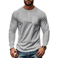 Men's slim fit grey long sleeve Henley shirt with chest pocket and buttons - M / Tops / Light Gray