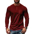 Classic men's slim fit wine red Henley long sleeve T-shirt with functional pocket - M / Tops / Wine Red
