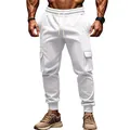 Men's white cargo sweatpants with multi-pockets and drawstring waist detail - White