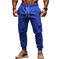 Detailed view of royal blue fleece cargo joggers featuring multi-pocket design for men - Sapphire Blue