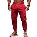 Detail view of men's red cargo sweatpants featuring drawstring waist and side flap pockets - Red