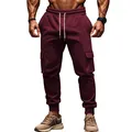 Mens slim fit fleece cargo joggers in burgundy with side pockets and elastic waist - Burgundy