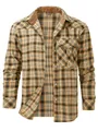 Professional men's flannel plaid shirt jacket featuring a classic corduroy collar - S / Tops / Khaki