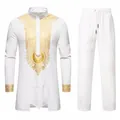 Vue détaillée de l'ensemble Dashiki africain blanc avec broderie dorée - S / Haut et Bas / Blanc