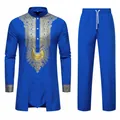 Ensemble ethnique bleu royal pour homme avec imprimé doré et pantalon à cordon. - S / Haut et Bas / Bleu saphir