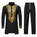 Ensemble ethnique deux pièces pour homme avec tunique noire imprimée or et pantalon. - S / Haut et Bas / Noir