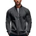 Close-up detail of gray men's zip-up bomber jacket with unique textured long sleeves - S / Tops / Dark Gray
