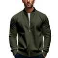 Detailed view of men's dark olive green stand-collar bomber jacket with zipper closure - Army Green