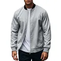 Detailed view of men's grey textured bomber jacket with black stand collar and zipper - S / Tops / Light Gray