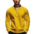 Front view of yellow men's bomber jacket with ribbed sleeves and zipper closure - Yellow