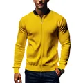 Detailed view of a men's yellow stand-collar zip-up jacket with textured sleeves. - S / Tops / Yellow