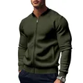 Detail shot of a men's olive green slim fit zip-up bomber jacket for autumn - Army Green