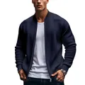 Men's navy blue stand-collar bomber jacket with zipper closure shown on a model - Navy Blue