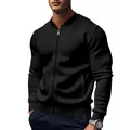 Close-up of black men's baseball jacket with silver zipper and ribbed collar detail - S / Tops / Black
