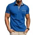 Stylish men's blue short sleeve polo shirt with checkered collar and pocket trim - Blue