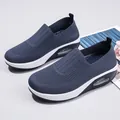 Navy blue breathable mesh slip-on sneakers for women with white air cushion platform sole - Dark Blue