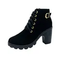 Elegante schwarze Stiefeletten mit Blockabsatz, Gold-Schnalle und Schnürung für Damen im Herbst - 35 / Schwarz