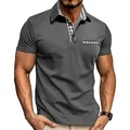 Men's stylish grey short-sleeved polo shirt featuring plaid collar and pocket detail - S / Tops / Gray