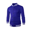 Royal blue fleece varsity jacket with white striped ribbing and snap buttons - S / Tops / Sapphire Blue