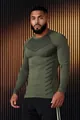 Detail view of olive green long sleeve compression shirt with black geometric prints - M / Tops / Army Green