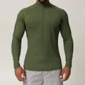 T-shirt de sport à manches longues vert olive pour homme avec fermeture éclair quart de tour - Vert olive
