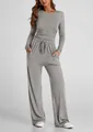 Ensemble décontracté gris pour femme avec haut plissé à manches longues et pantalon à cordon - Gris