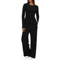 Ensemble deux pièces noir décontracté, haut à manches longues et pantalon large - Noir
