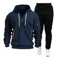 Men's navy blue two-piece sports hoodie set with multi-pockets and half-zip design - S / Top And Bottom / Navy Blue