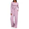 Ensemble de détente lilas deux pièces avec haut à manches longues froncé et pantalon large - Rose Lotus
