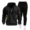 Detailed view of men's black sports hoodie set with multi-pocket and lime green accents - S / Top And Bottom / Black