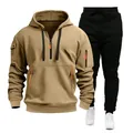 Close-up of the khaki half-zip hoodie and black joggers from a men's multi-pocket sports set. - S / Top And Bottom / Khaki