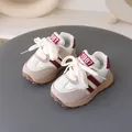 Stylish retro toddler sneakers in beige and burgundy with non-slip soft rubber soles. - Size 20 (Inner Length 13.5cm) / Red