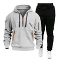 Detailed look at men's grey hooded sweatshirt and black drawstring joggers sports tracksuit set - S / Top And Bottom / Light Gray