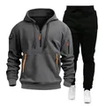 Detailed view of men's grey multi-pocket hoodie and black sports jogger set - Dark Gray