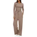 Ensemble deux pièces taupe élégant avec haut à manches longues froncé et pantalon large - Kaki