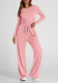 Ensemble deux pièces rose décontracté avec haut à manches longues plissé et pantalon - Rose