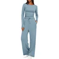 Ensemble de loisirs 2 pièces uni avec haut plissé à manches longues et pantalon large. - Bleu sarcelle